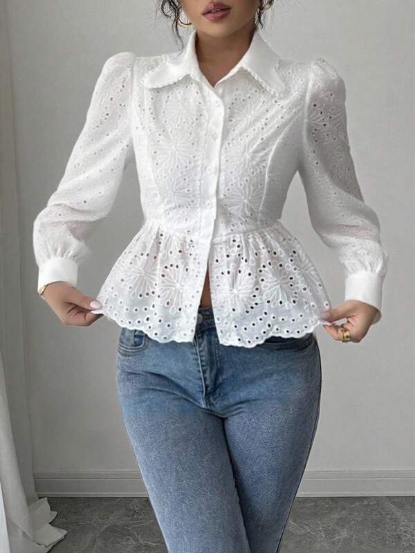 Islaluna Hollow Puff Sleeve Ruffle Hem Elegant Commuter Style Women Blouse, Summer