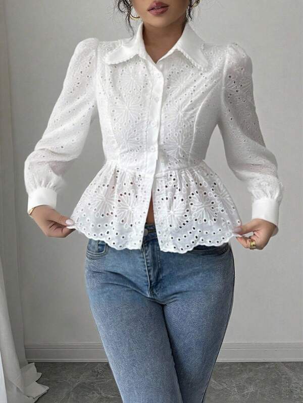 Islaluna Blusa elegante de mujer con mangas abullonadas huecas y dobladillo con volantes, estilo de oficina, verano