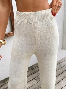 EURMUSE Quần ống rộng dệt kim trơn Lurex bóng thanh lịch - Màu be - Xem 7