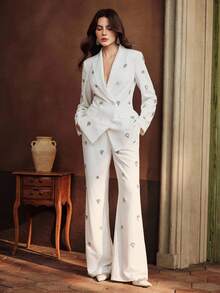 Anewsta Petite Women's Fashionable Minimalist Luxury Heavily Embellished Slim-Fit Flared Dress Pants, Suitable For Evening Dress And Festivals - White - View 2