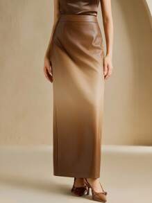Anewsta New Elegant Minimalist Versatile Ombre Faux Leather Midi Skirt, Suitable For Dates And Commuting, Autumn/Winter - Brown - View 4