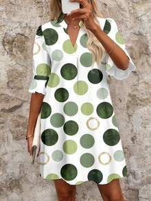 EMERY ROSE Plus Size Women Short Dress,Green Geometric Polka Dot Print,Smart Casual Summer Vacation,White Holiday Outfits,Chic Spring Fall Clothes Party Dress - Green - View 3