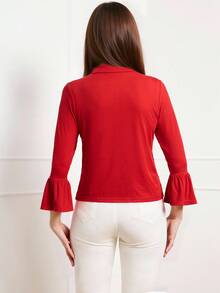 Miaspire Women's Casual Minimalist Solid Color Flared Cuff Button Front T-Shirt - Red - View 2