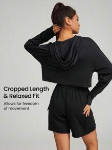 GLOWMODE Modal Ultra-Thin Drawstring Long Sleeve Cropped Hoodie Daily Casual - Black - View 2