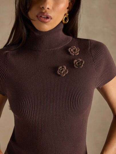 SHEIN BAE Women's Elegant Solid Color Fitted High Neck 3D Floral Short Sleeve Sweater,Halloween,Women's Sweater,Winter Clothes,Brown Turtleneck Sweater With Short Sleeves And 3D Floral Decoration,Brown Sweater