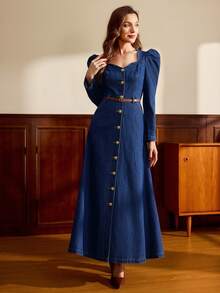 Vintamour Women's Fashion Casual Leg-Of-Mutton Sleeve Heart Collar Denim Dress Long Sleeve Denim Dress Denim Maxi Dress Blue Jean Dress Button Down Denim Dress Denim Dress With Puff Sleeves Puff Sleeve Denim Dress Denim Dress With Buttons Blue Jean Dresses For Women - Dark Wash - View 3