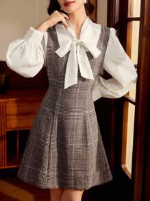 Vintamour Vintage Classic Elegant Women's Dress, Fitted Flared Collar Dress, 2 In 1 Dress, Plaid Dress, Long Sleeve Dress Spring