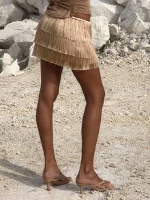 MUSERA Low Rise Tiered Fringed Mini Skirt Night Out Occasion Birthday Elegant Fall Autumn Rapture Fall Autumn Winter  Party - Gold - View 5