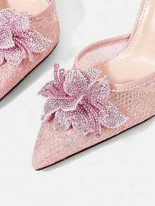 CUCCOO HITCHD 女士优雅花卉水晶装饰尖头高跟鞋，浅粉色网眼蕾丝新娘婚礼宾客派对高跟鞋，适合婚礼、派对、万圣节、圣诞节、感恩节、生日、情人节