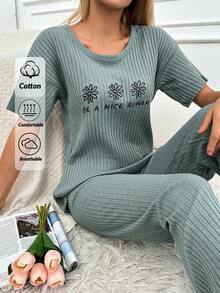 EURMUSE 2pcs/Set Women's Flower Print Detail Gomewear Lounge Set - Mint Green - View 1