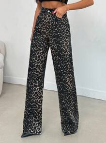 EURMUSE 100% Cotton MID RISE WIDEEG CUT LEOPARD JEAN - Multicolor - View 4