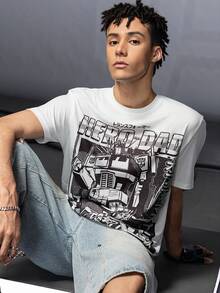 Transformers X SHEIN 男士字母与机器人图案圆领短袖T恤，2000年代风格 - 白色 - 查看 3
