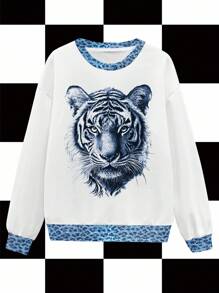 Shutterstock White Patchwork Tiger Animal Print Leopard Denim Texture Dark Street Chic Y2K Casual Women Pullover Sweatshirt, Suitable For Autumn/Winter, Party, Daily Wear Tiger Sweatshirts Graphic Sweatshirts Animal Print Sweatshirts Blue And Blue And White Sweatshirts - White - View 1
