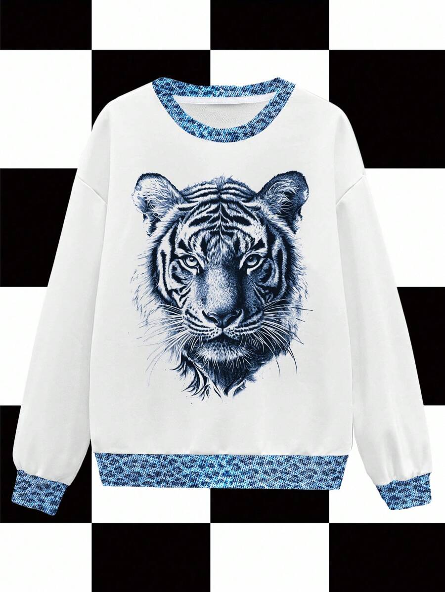 Shutterstock White Patchwork Tiger Animal Print Leopard Denim Texture Dark Street Chic Y2K Casual Women Pullover Sweatshirt, Suitable For Autumn/Winter, Party, Daily Wear Tiger Sweatshirts Graphic Sweatshirts Animal Print Sweatshirts Blue And Blue And White Sweatshirts - White - View 1