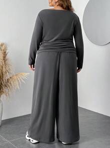 SHEIN CURVE+ 2 Stück/Set Damen Große Größen Grau Langarm T-Shirt und Hose Strick Slim Fit Anzug/Herbst/Winter - Dunkelgrau - Übersicht 2