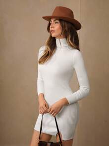 Wildy Turtleneck Split Hem Sweater Bodycon Black Grain Dress,Red Christmas Dress,Christmas Clothes,Christmas Top,Festival Clothes