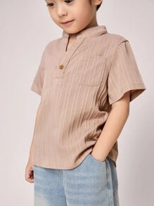 SHEIN 1 件青少年休闲韩版短袖宽松针织半开襟立领衬衫，适合暑期学校日常穿着