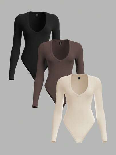 SHEIN BASICS 3件套休闲纯色针织修身长袖鸡心领女式连体衣