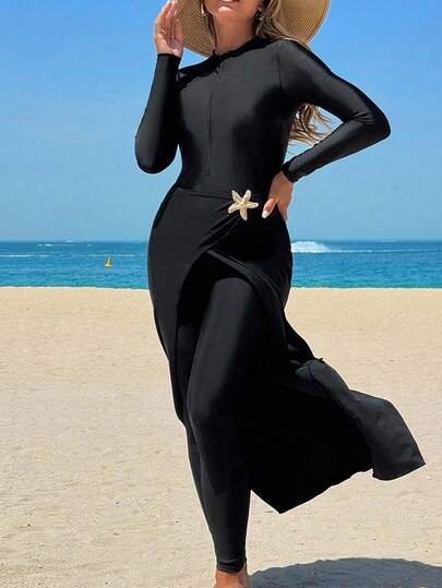 Swim Shayni Women 2pcs Set: Solid Color Long Sleeve Zipper One Piece Swimsuit & Star Decor A-Line Skirt For Summer Beach Vacation