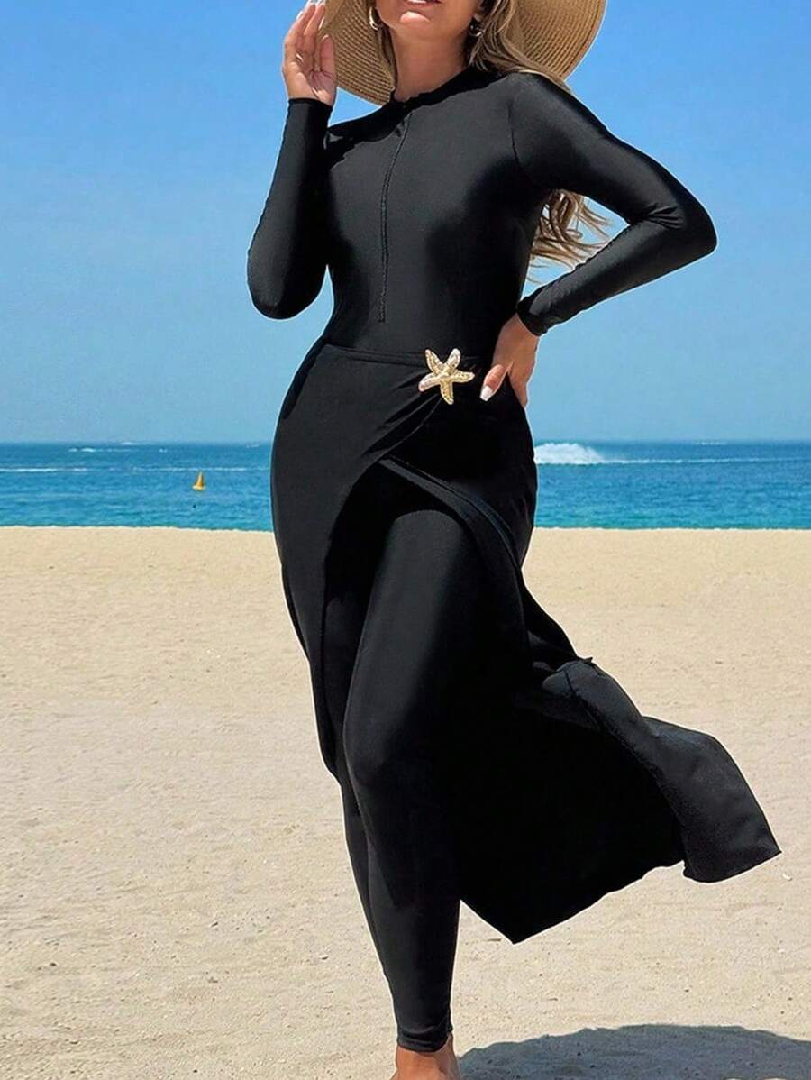 Swim Shayni 女士两件套：纯色长袖拉链连体泳衣和星星装饰 A 字裙 - 黑色 - 查看 1