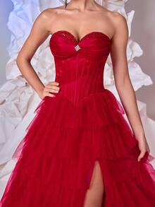 Glamrae Elegant Red Satin & Net Mesh Lace Sweetheart Neckline Rhinestone & Fishbone Boned Belted A-Line Asymmetrical Hem High Slit Backless Adjustable Tie Dress, Suitable For Birthday, Prom, Wedding, Graduation, Formal Occasion - Burgundy - View 3