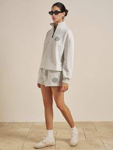 Airaco 女士休闲宽松长袖上衣和短裤两件套 - 淺灰色 - 查看 7