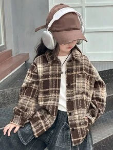 DAZY 少女格纹休闲长袖百搭夹克 秋冬 - 駝色 - 查看 6