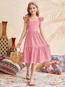SHEIN Tween Girls' Ruffle Sleeve Bow Back Square Neck Textured Midi Dress - Baby Pink - View 8