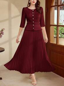 Vintamour Váy nữ cổ điển thanh lịch, váy xếp ly dệt kim jacquard ôm sát mùa xuân/hè, váy tay 3/4, váy dài màu trắng - Màu Đỏ Sâu - Xem 5