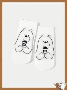 We Bare Bears X SHEIN 1 Pair Women's Comfortable Cute Cartoon Bear Pattern Ankle Socks - White - View 2