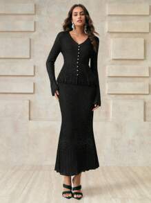 Arave 女士优雅水钻褶饰鱼尾下摆针织中长裙 - 黑色 - 查看 3