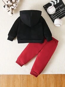 SHEIN Playful Pals Baby Boy Numeric Print Hoodie And Pants Set, Suitable For Infant Boys To Wear In Autumn, Spring And Winter Fall - Red - View 3