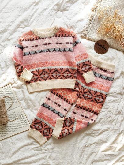 SHEIN Vintaside Kids Young Girl' Geometric Pattern Knitted Sweater Set Girls Knit Set Little Girl Winter Sets Girls Sweater Sets Toddler Girl Sweater Set Baby Girl Knit Set Toddler Girl Knit Set Baby Girl Winter Clothes Kids Two Piece Set Fall