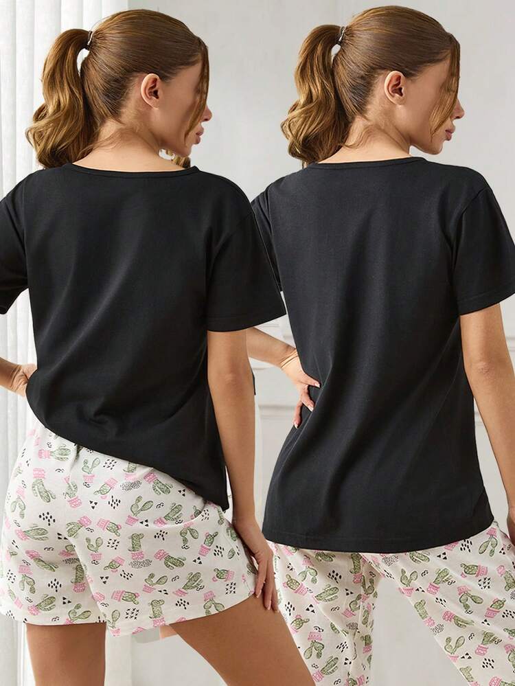 RueChic 女士 3 件套撞色仙人掌图案家居服睡衣套装 - 黑色 - 查看 4