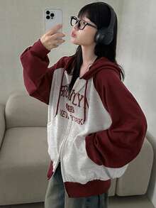 DAZY Women's Color Block Letter Reversible Zipper Hoodie Sweatshirt Fall/Winter