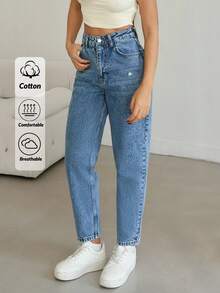 EURMUSE 女士高腰妈妈牛仔裤，后背有标签细节，休闲