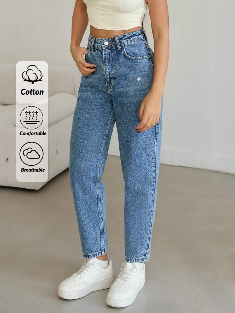 EURMUSE 女士高腰妈妈牛仔裤，后背有标签细节，休闲