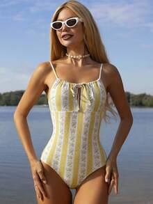 Swim Mod Women's Summer Beach Vacation Random Ditsy Floral Tie Front Camisole One-Piece Swimsuit - Multicolor - View 6