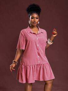Slaydiva 大码女式条纹短袖单排扣荷叶边下摆休闲衬衫裙 - 紅色 - 查看 4