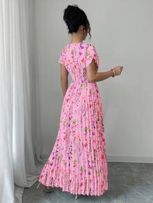 Rafferiza 优雅花卉印花褶饰腰部连衣裙，夏季 - 粉色 - 查看 2