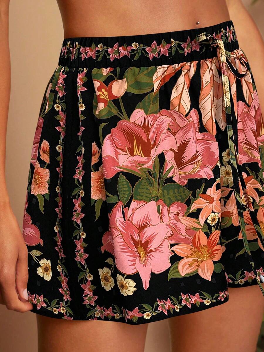 Travachic Floral Print Drawstring Waist Tied Knot Summer Casual Vacation Comfy Shorts, Flowy Shorts, Summer For Women, Beachwear, Beach For Woman, Tropical Floral Shorts, Casual Woman Style, Fall For Women, Chic Autumn, Going Out, Elegant, Concert Women, BOHO Floral Print Shorts - Black - View 1