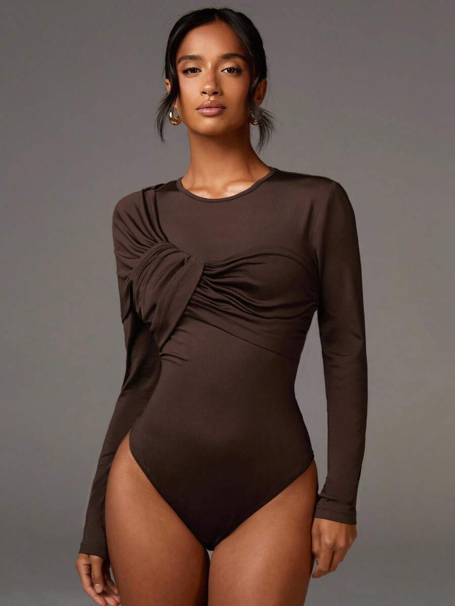 Athîral Women Bodysuits, Fall Tops ,Business Casual Woman,Old Money Style,Wedding Guest Outfit - Coffee Brown - View 1