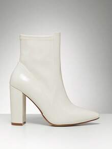 SHUZIA Women's Glamorous Sexy Pointy Toe Side Zip Chunky Heel Sock Booties - Beige - View 6
