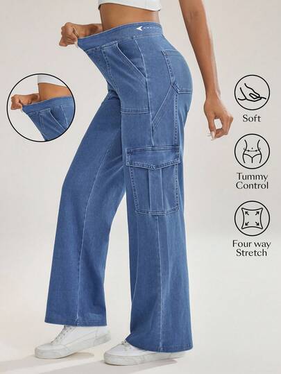 Flexra Women's Casual Multi-Pocket Denim Cargo Jeans