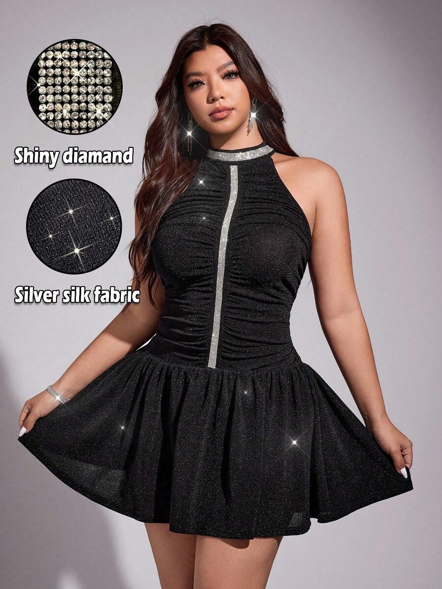 Viva Relle Plus Size Women's Halter Neck Sequin Ruched Waist Sexy Flare A-Line Mini Dress, Suitable For Banquet, Party, And Cocktail - Black - View 1