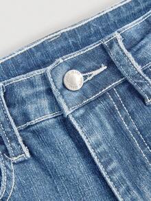 SHEIN Girlism Quần jeans ống loe co giãn đính đá phong cách Y2K Punk cổ điển thêu cánh và đính đá cho bé gái tuổi teen có túi xéo - Rửa tối - Xem 4