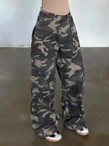 FRIFUL 女式宽松休闲迷彩工装牛仔裤 - 灰色 - 查看 6