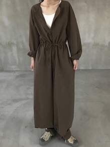 FRIFUL Bộ jumpsuit nữ màu nâu trơn, cổ tròn, cài cúc ở eo, ống thẳng, dáng rộng, thoải mái, thích hợp cho du lịch sân bay, mùa thu. - Cà phê nâu - Xem 2