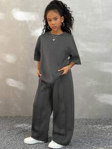 Coolane 青少年女孩棕色抽绳休闲直筒运动裤和纯色罗纹长袖 T 恤，两件套，秋冬 - 灰色 - 查看 1