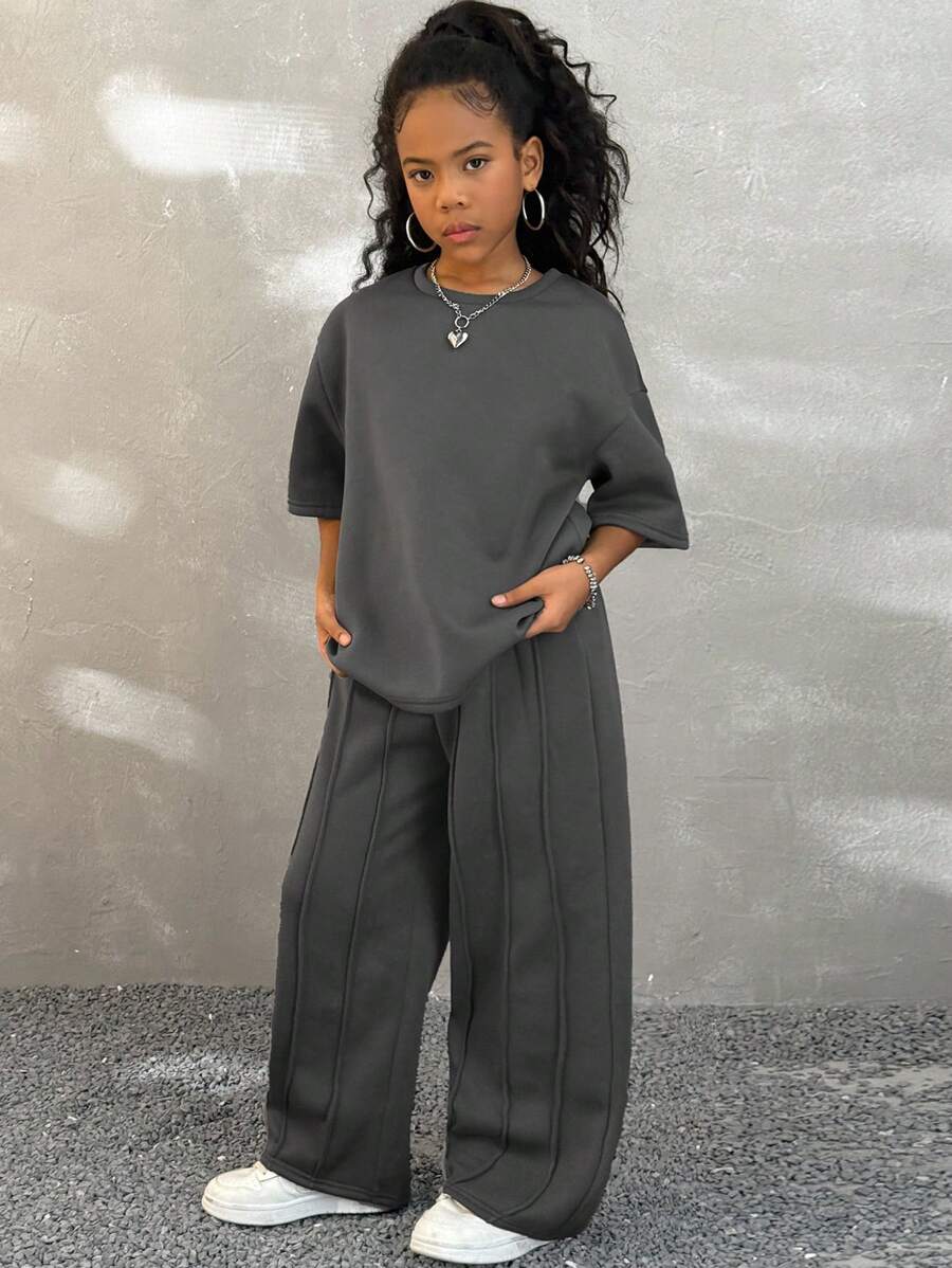 Coolane 青少年女孩棕色抽绳休闲直筒运动裤和纯色罗纹长袖 T 恤，两件套，秋冬 - 灰色 - 查看 1